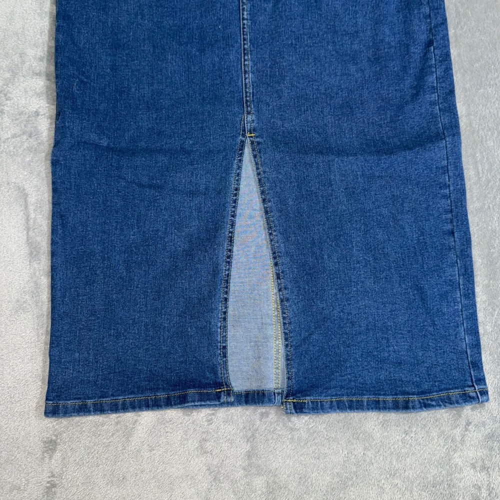 Denim Midi Skirt Button Front High‎ Waist Slit Dark Wash Blue Women's Medium - Picture 4 of 7